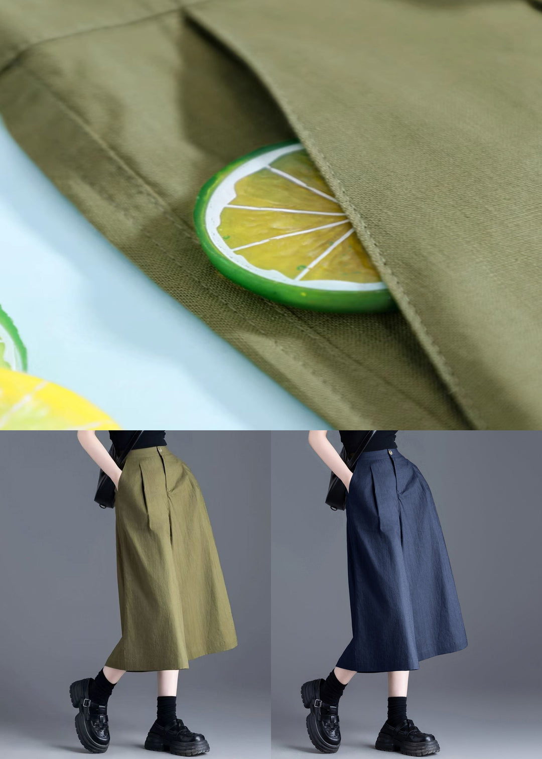 Green Button Solid Linen Wide Leg Pants High Waist