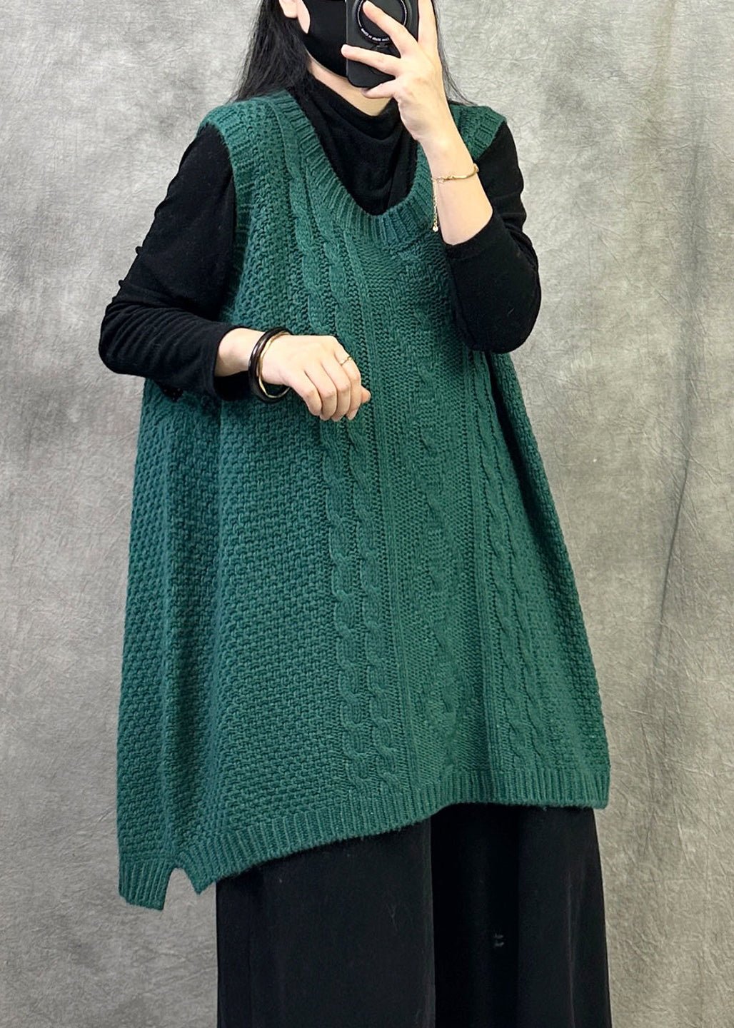 Green Cable Knit Vest O Neck Sleeveless Oversized