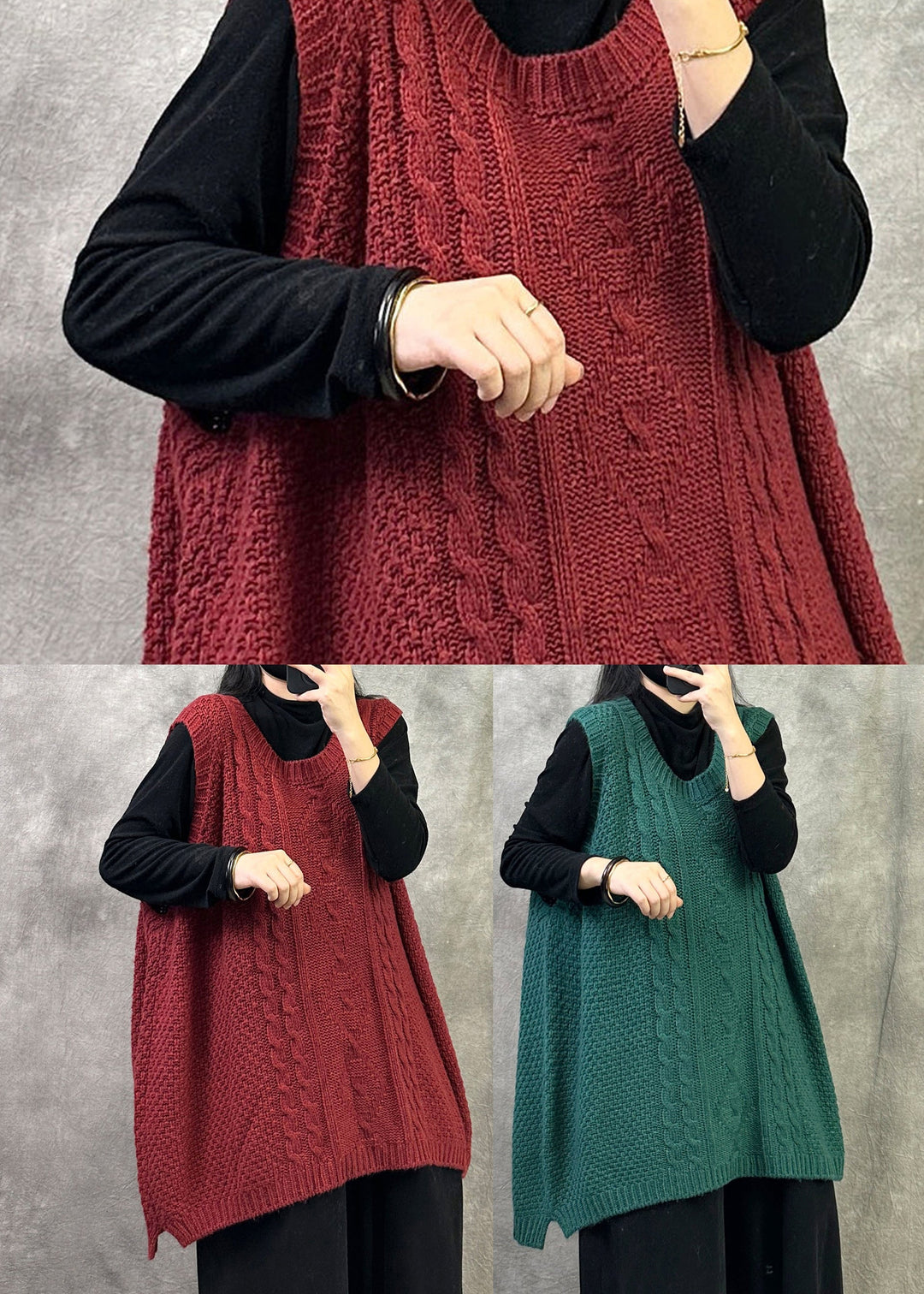 Green Cable Knit Vest O Neck Sleeveless Oversized