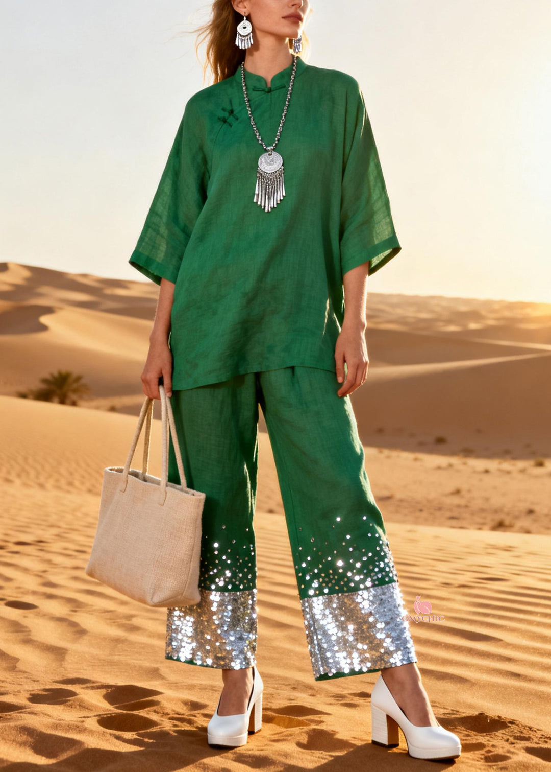 Green Chinese Button Sequins Patchwork Two Piece Set Stand Collar Half Sleeve