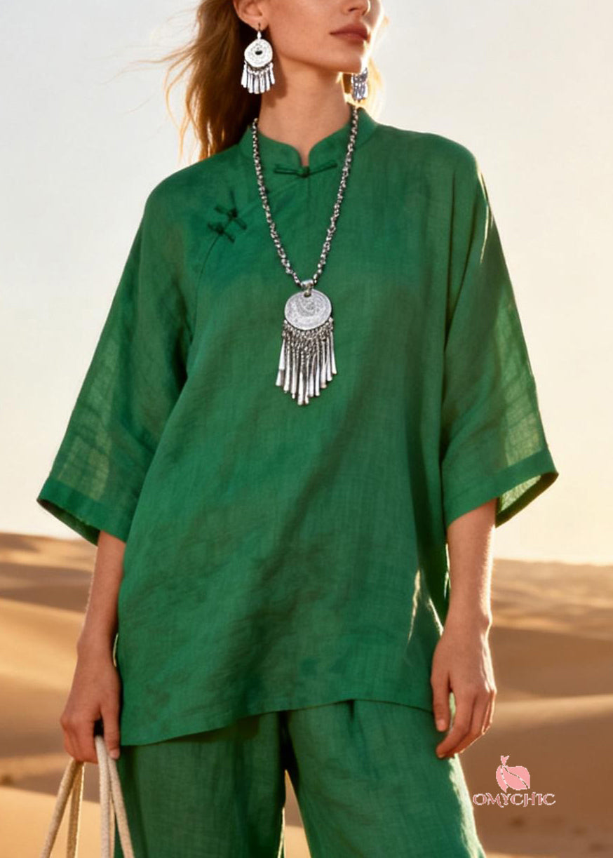 Green Chinese Button Sequins Patchwork Two Piece Set Stand Collar Half Sleeve