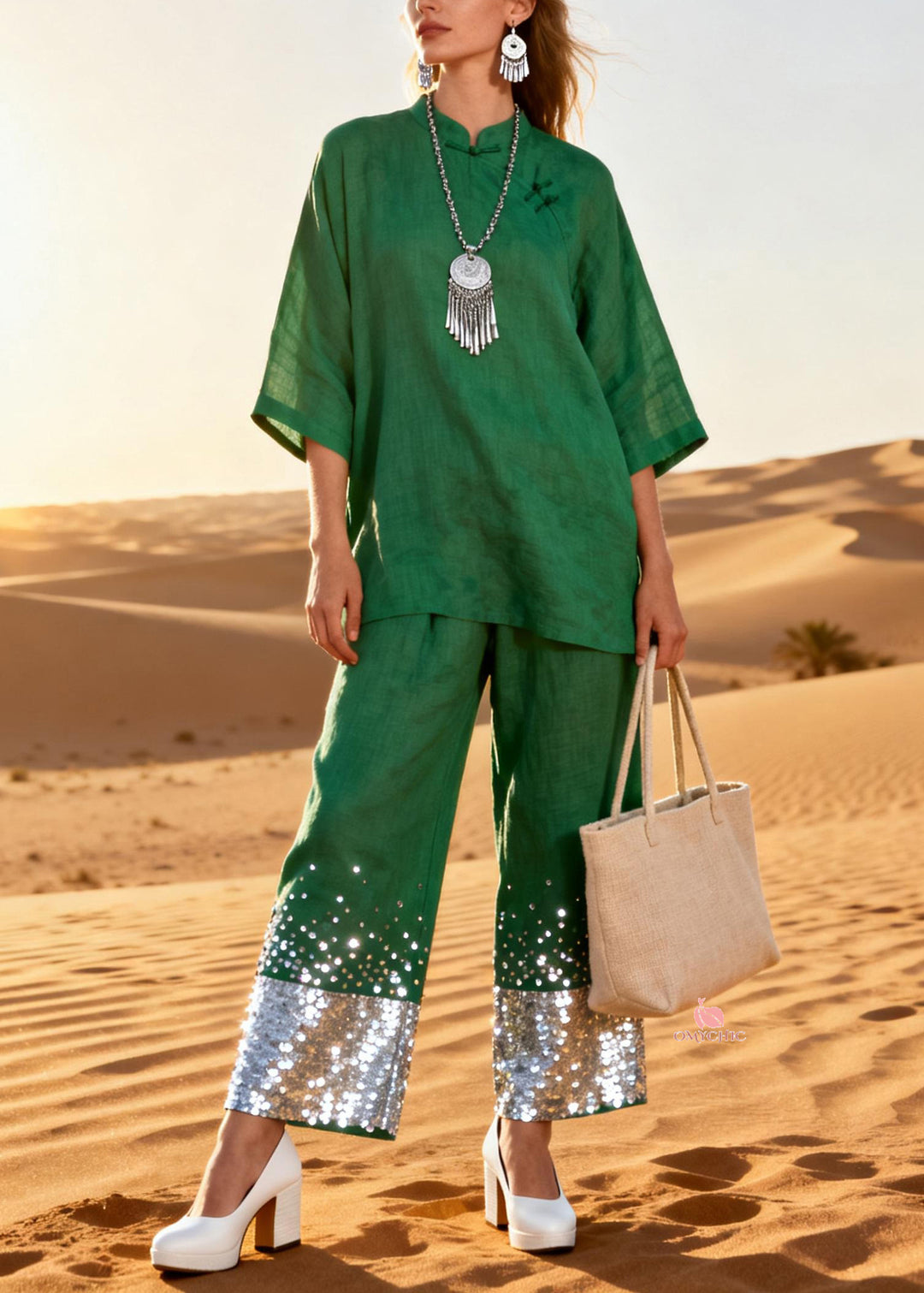 Green Chinese Button Sequins Patchwork Two Piece Set Stand Collar Half Sleeve