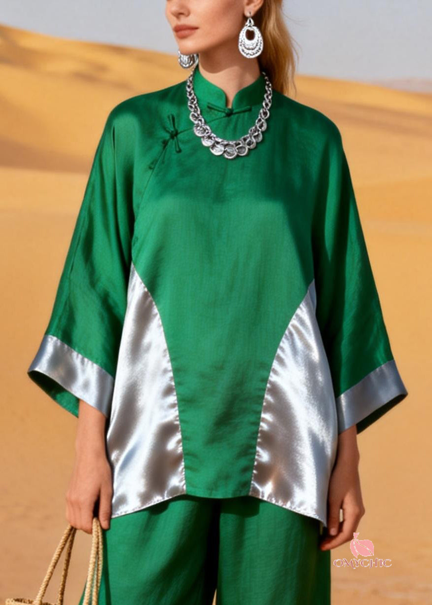 Green Chinese Button Silk Patchwork Two Pieces Set Collar