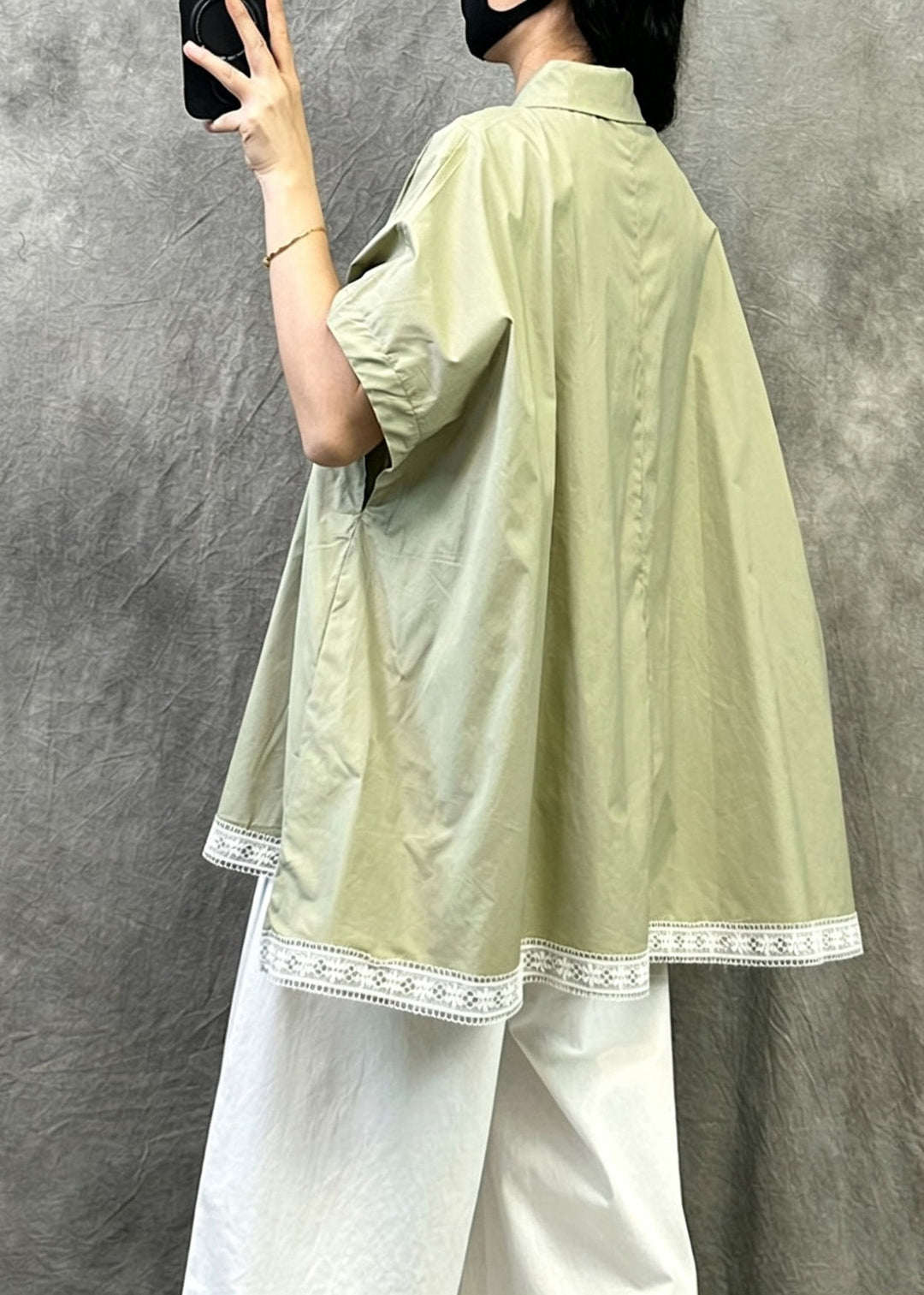 Green Cotton Shirt Tops Peter Pan Collar Asymmetrica Design Summer