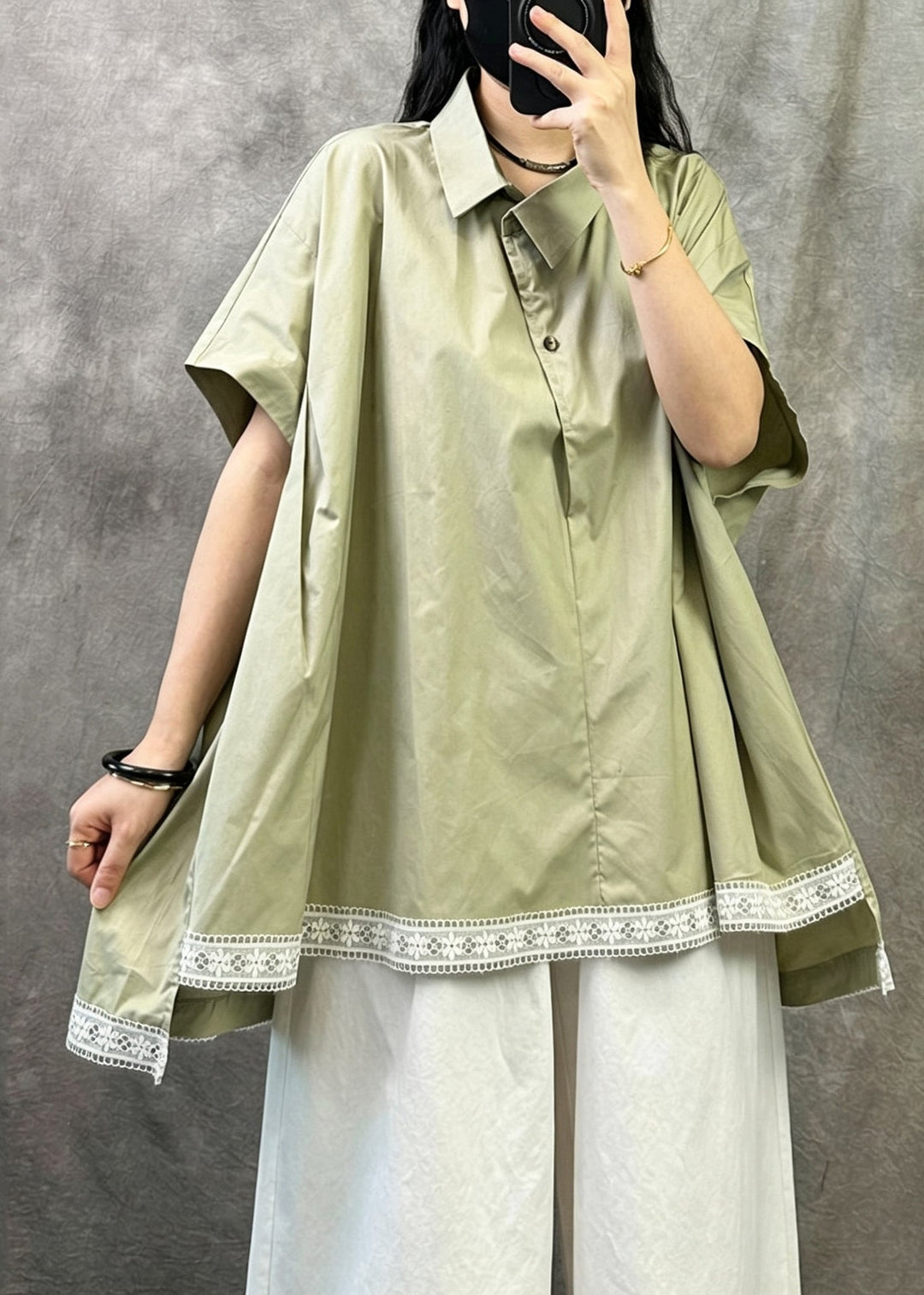 Green Cotton Shirt Tops Peter Pan Collar Asymmetrica Design Summer