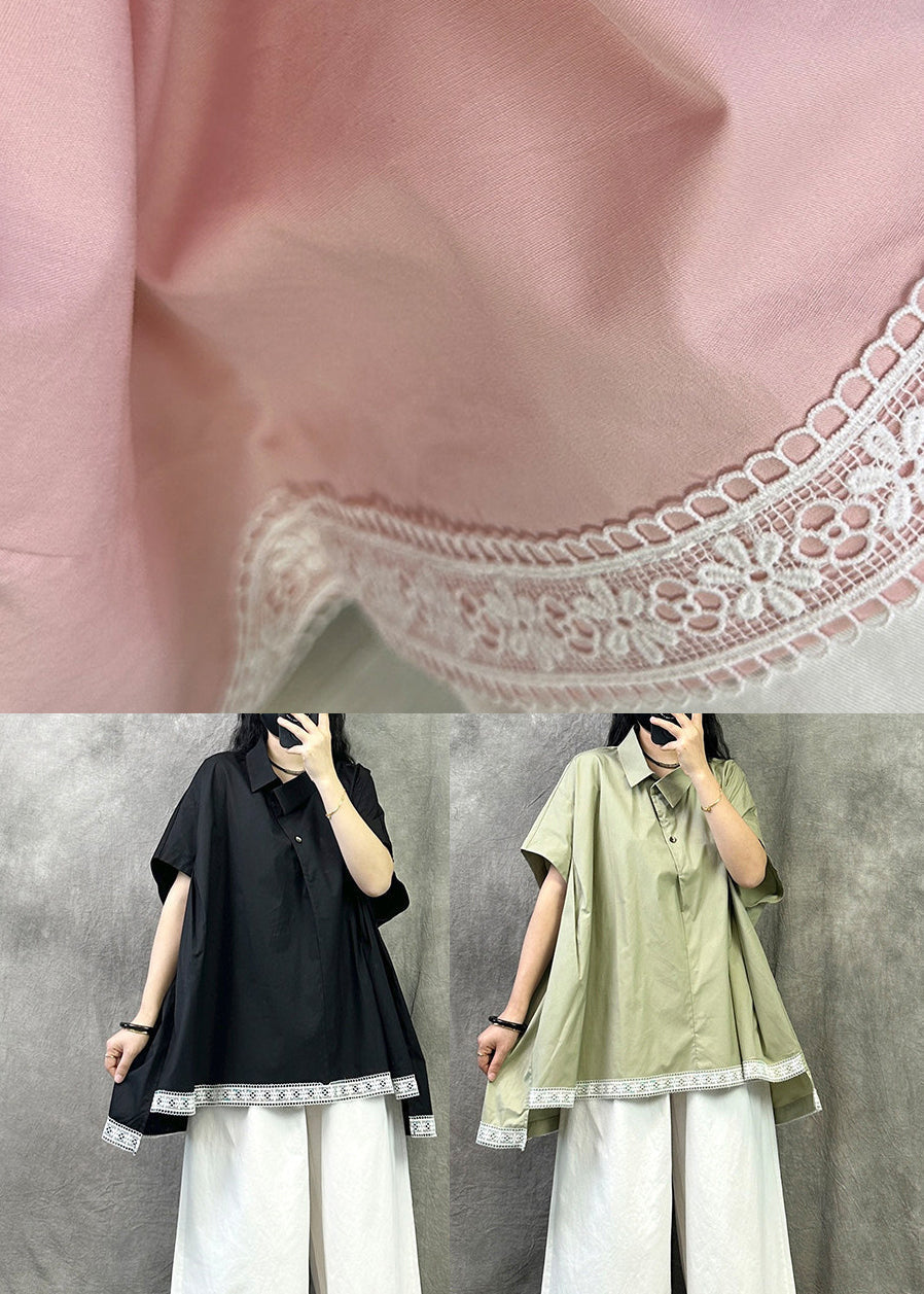 Green Cotton Shirt Tops Peter Pan Collar Asymmetrica Design Summer