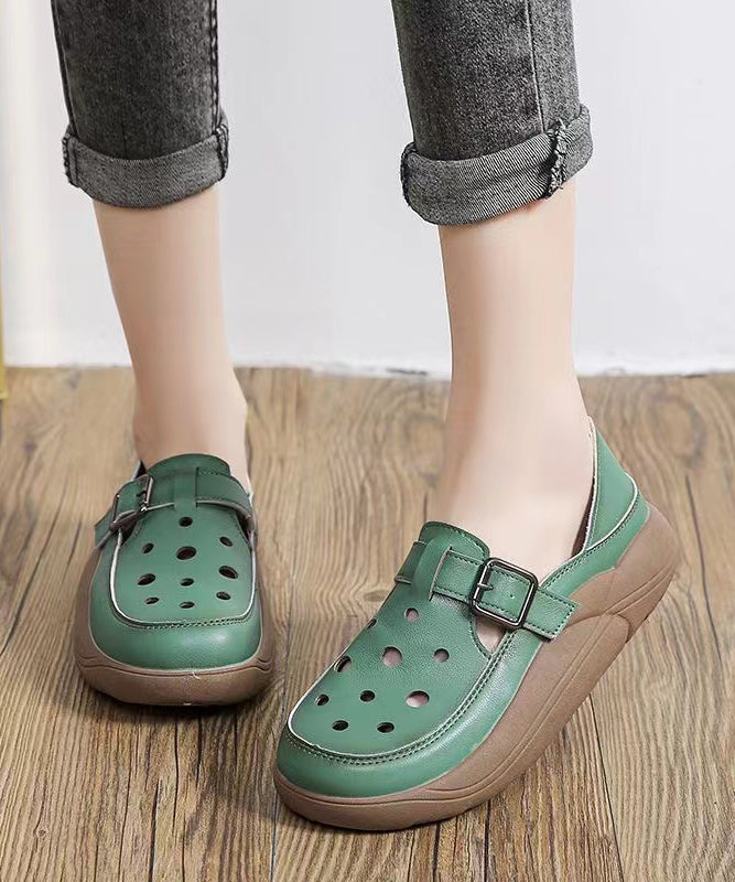 Green Cowhide Leather 2024 New Hollow Out Flat Shoes