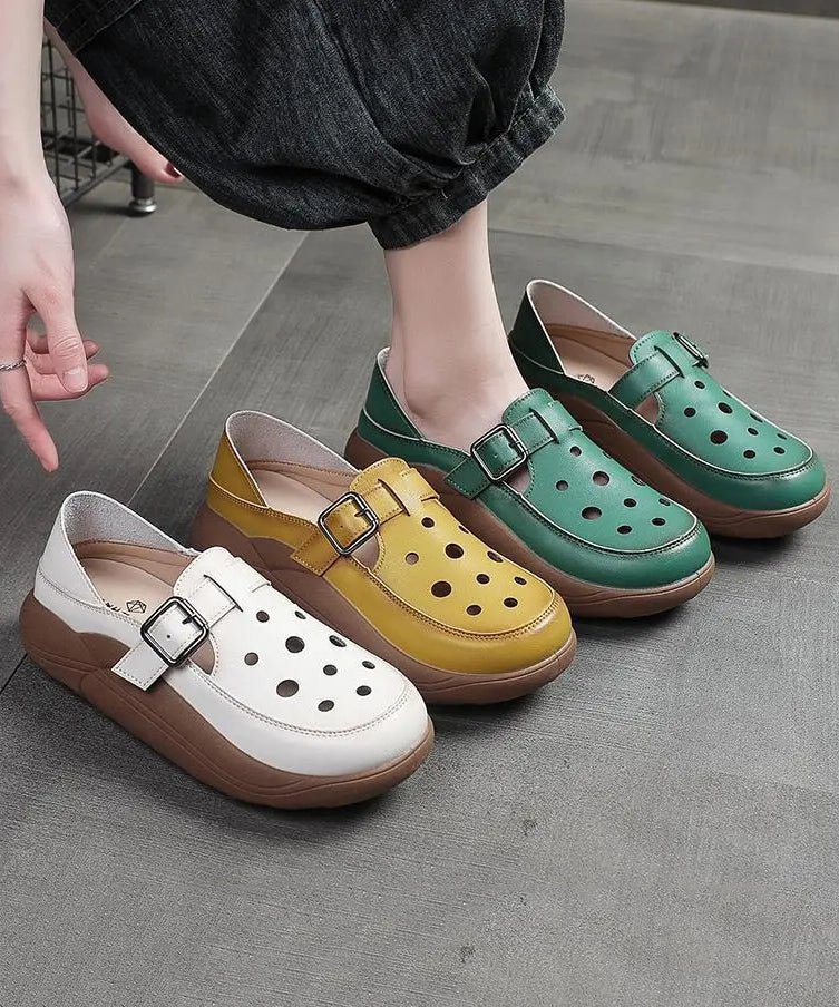 Green Cowhide Leather 2024 New Hollow Out Flat Shoes