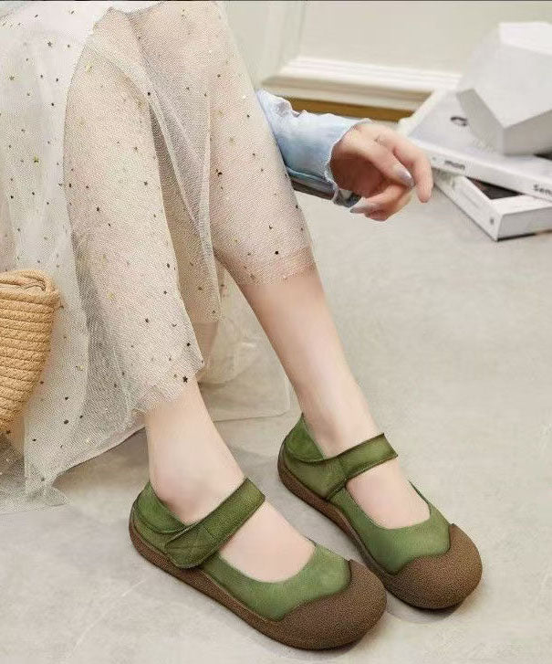 Green Cowhide Leather Flat Shoes For Women Splicing Buckle Strap