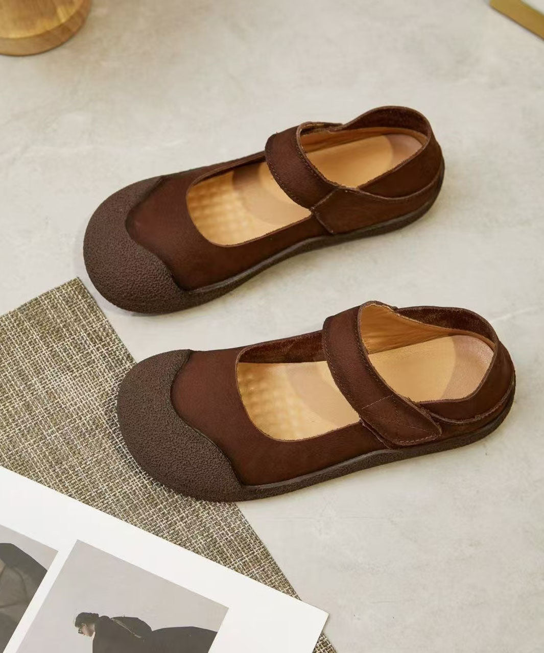 Green Cowhide Leather Flat Shoes For Women Splicing Buckle Strap