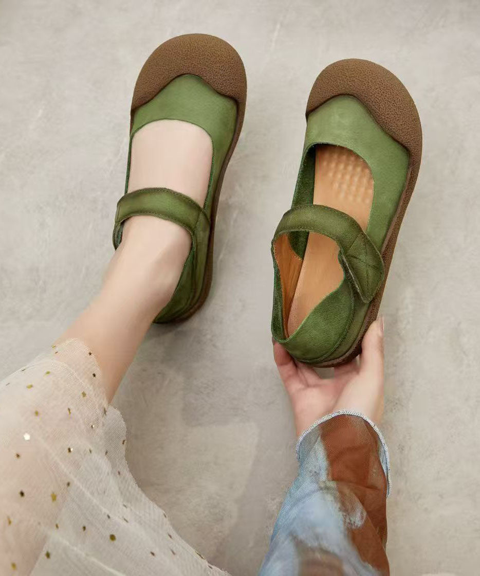 Green Cowhide Leather Flat Shoes For Women Splicing Buckle Strap