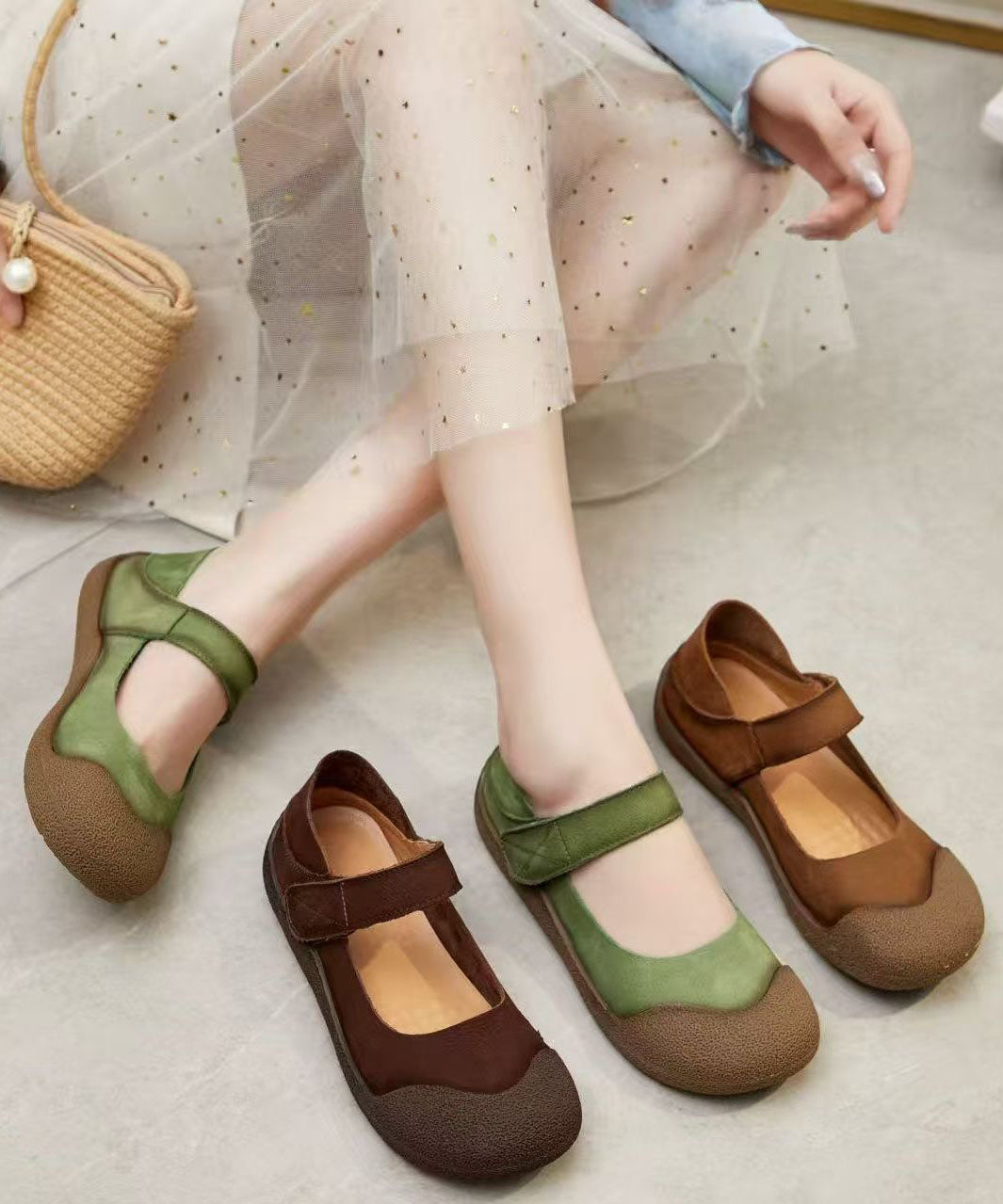Green Cowhide Leather Flat Shoes For Women Splicing Buckle Strap