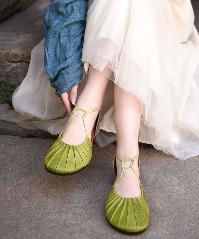 Green Cowhide Leather Water Sandals Hollow Out Wrinkled