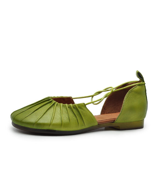 Green Cowhide Leather Water Sandals Hollow Out Wrinkled