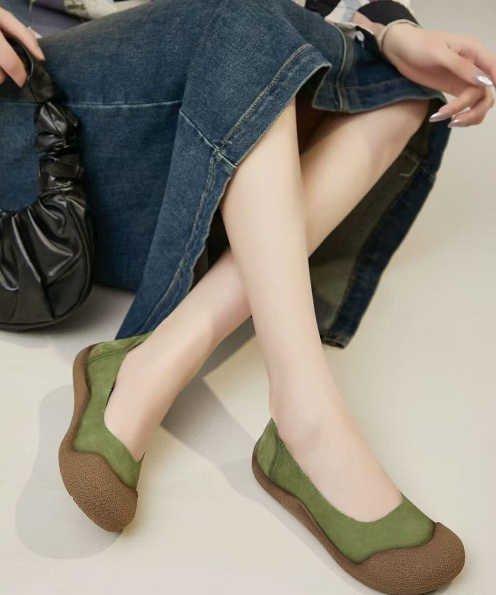 Green Cowhide Leather Women Comfy Splicing Flat Shoes