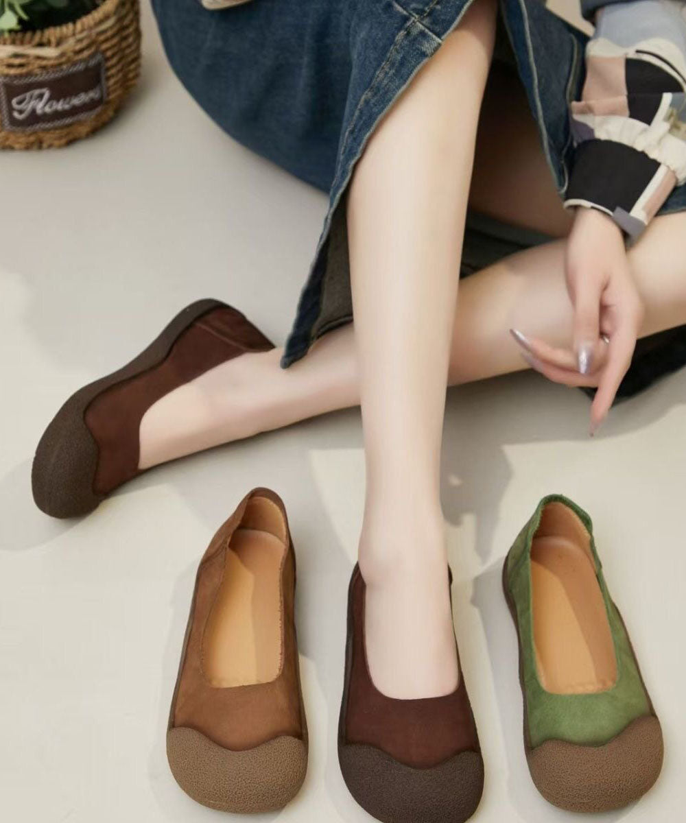 Green Cowhide Leather Women Comfy Splicing Flat Shoes