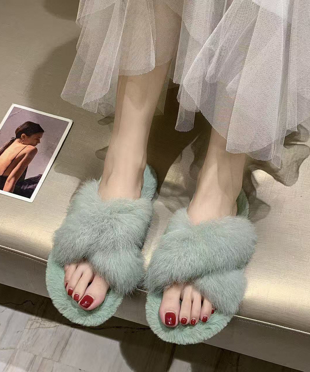 Green Cross Strap Fuzzy Fur Splicing Slippers Shoes
