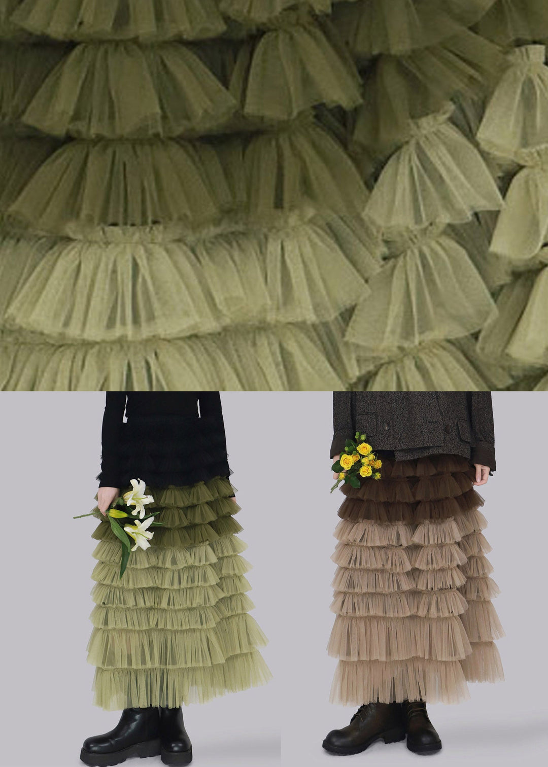 Green Elastic Waist Tulle A Line Skirt
