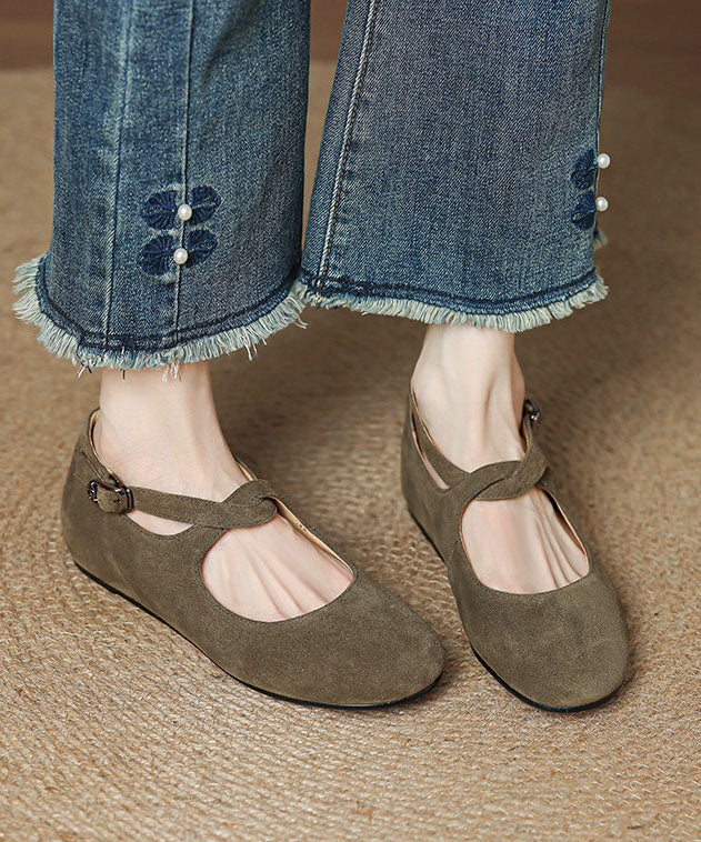 Green Flats Cowhide Leather Casual Buckle Strap Flat Shoes