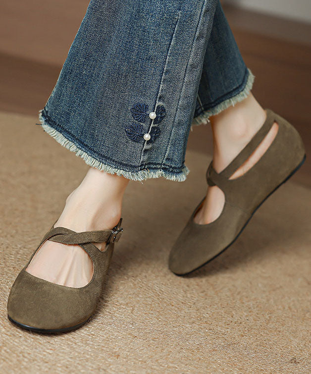 Green Flats Cowhide Leather Casual Buckle Strap Flat Shoes