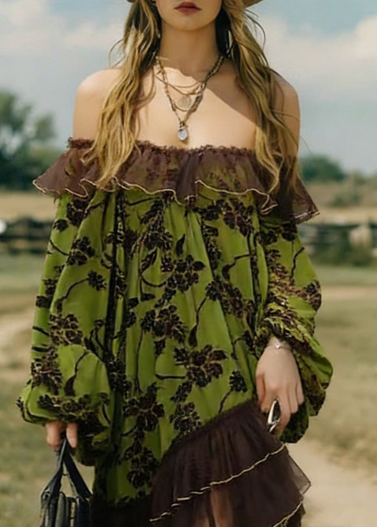 Green Flocking Print Tulle Patchwork Mid Dress Lantern Sleeve - Omychic