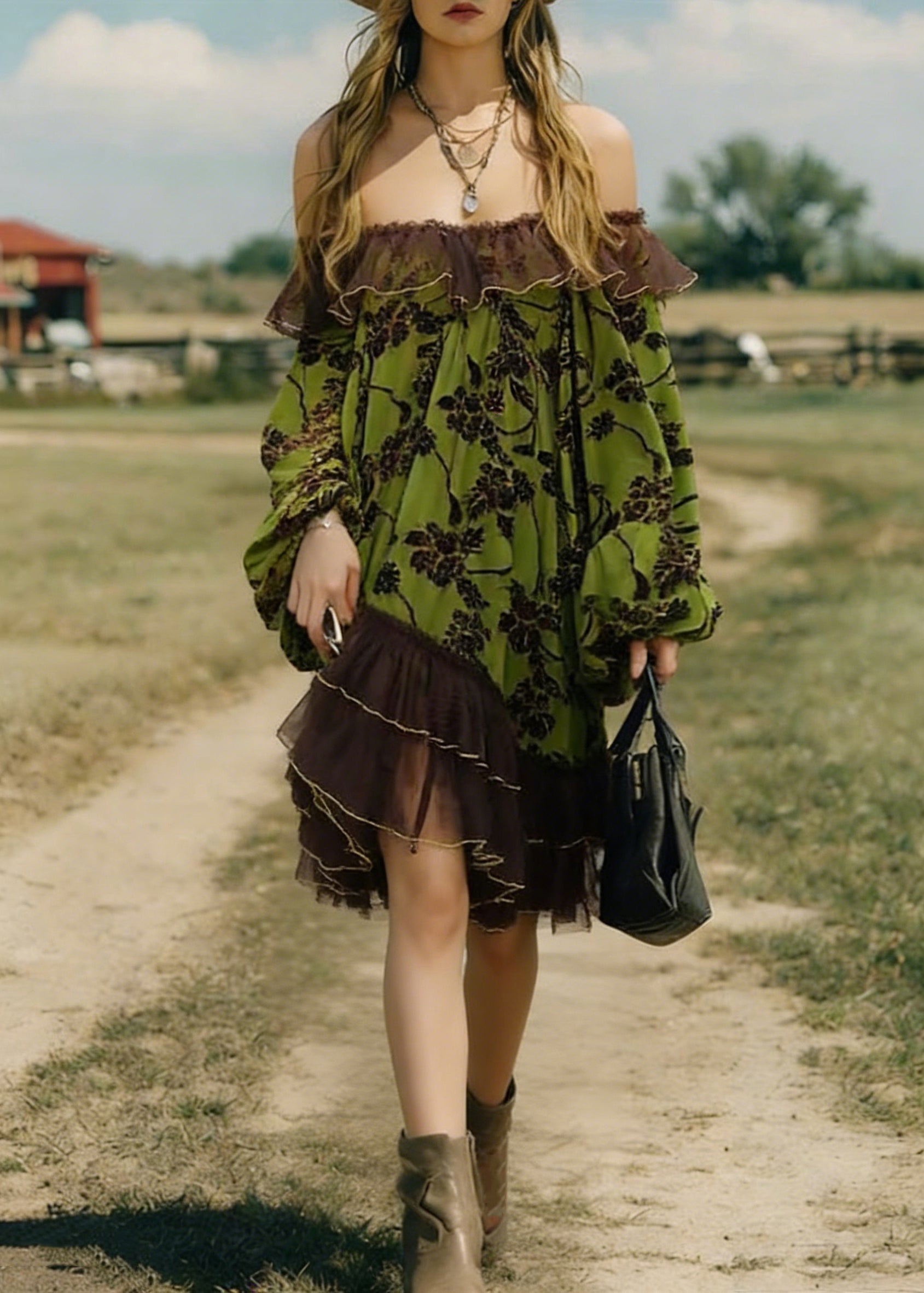 Green Flocking Print Tulle Patchwork Mid Dress Lantern Sleeve - Omychic