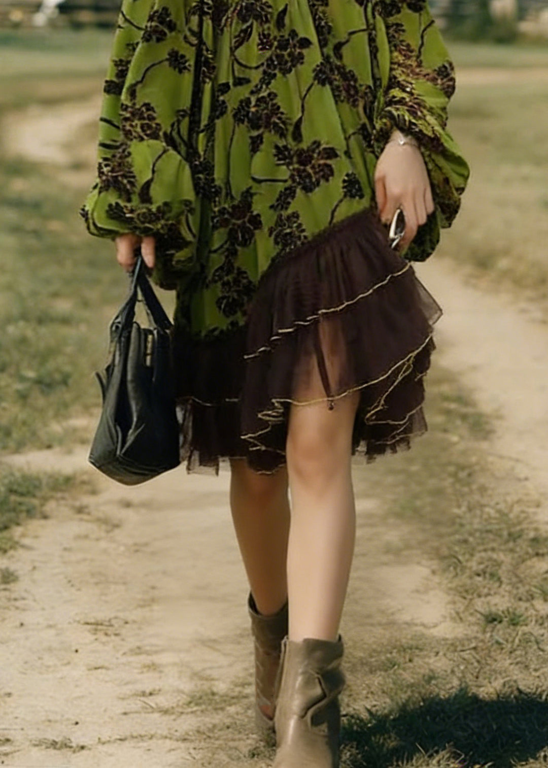 Green Flocking Print Tulle Patchwork Mid Dress Lantern Sleeve - Omychic