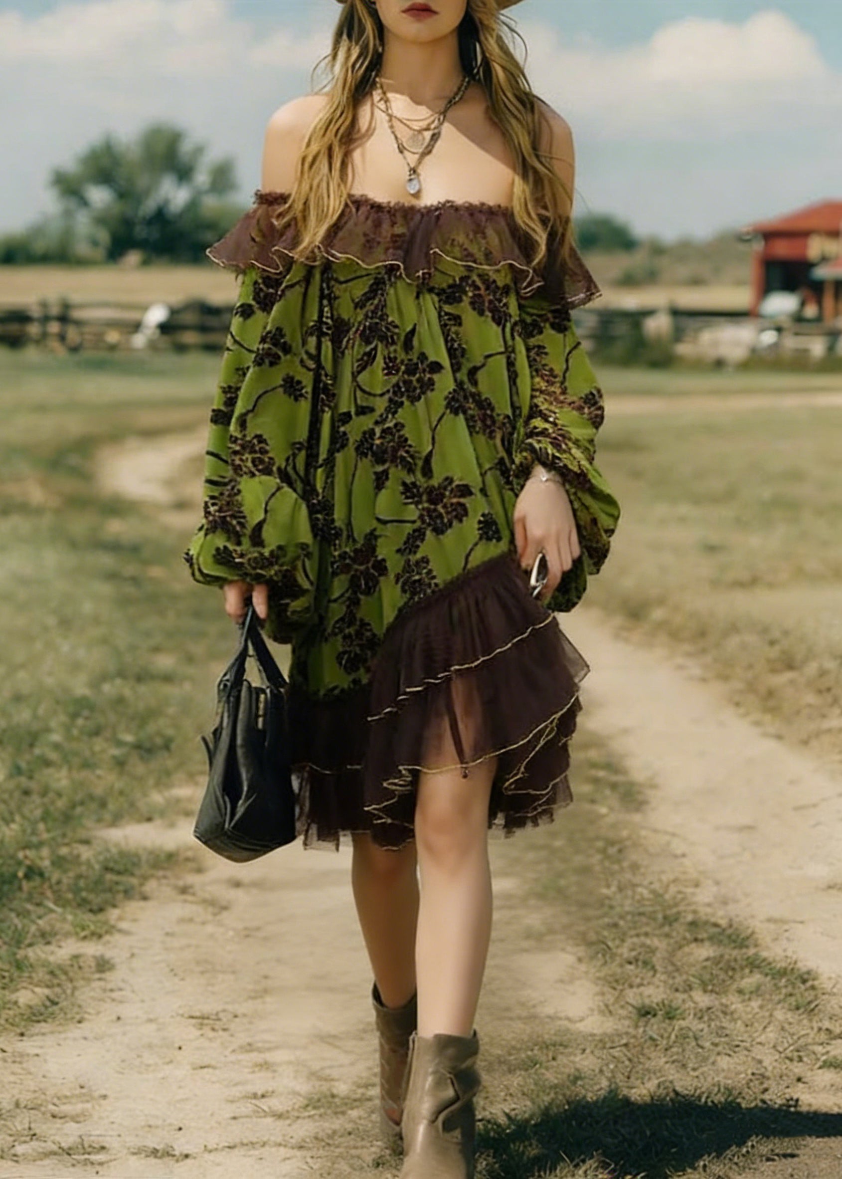 Green Flocking Print Tulle Patchwork Mid Dress Lantern Sleeve - Omychic