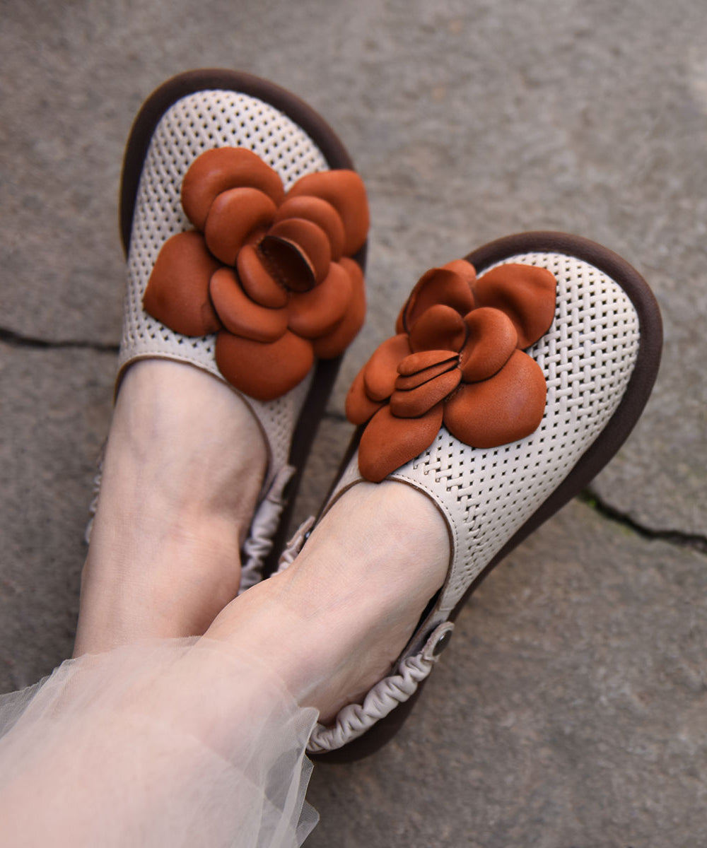 Green Floral Cowhide Leather Comfy Flat Sandals Hollow Out