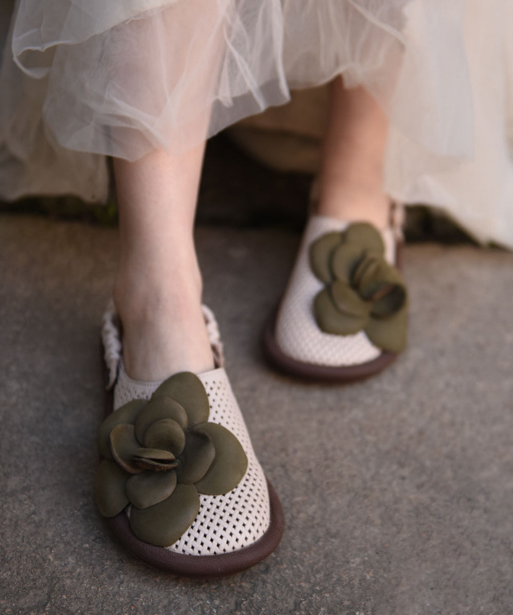 Green Floral Cowhide Leather Comfy Flat Sandals Hollow Out