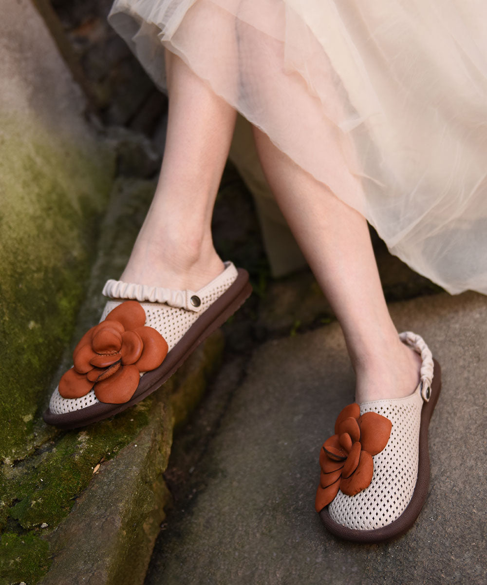 Green Floral Cowhide Leather Comfy Flat Sandals Hollow Out