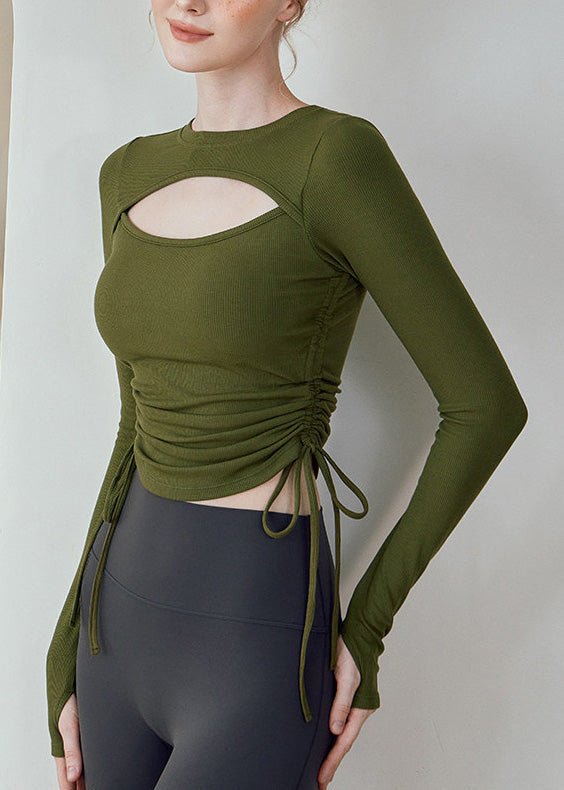 Green Hollow Out Drawstring Long Sleeve Yoga Tops Women