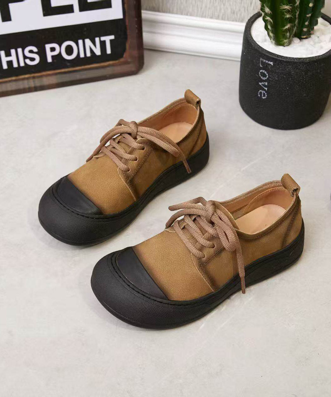 Green Lace Up Cowhide Leather Vintage Splicing Flat Feet Shoes