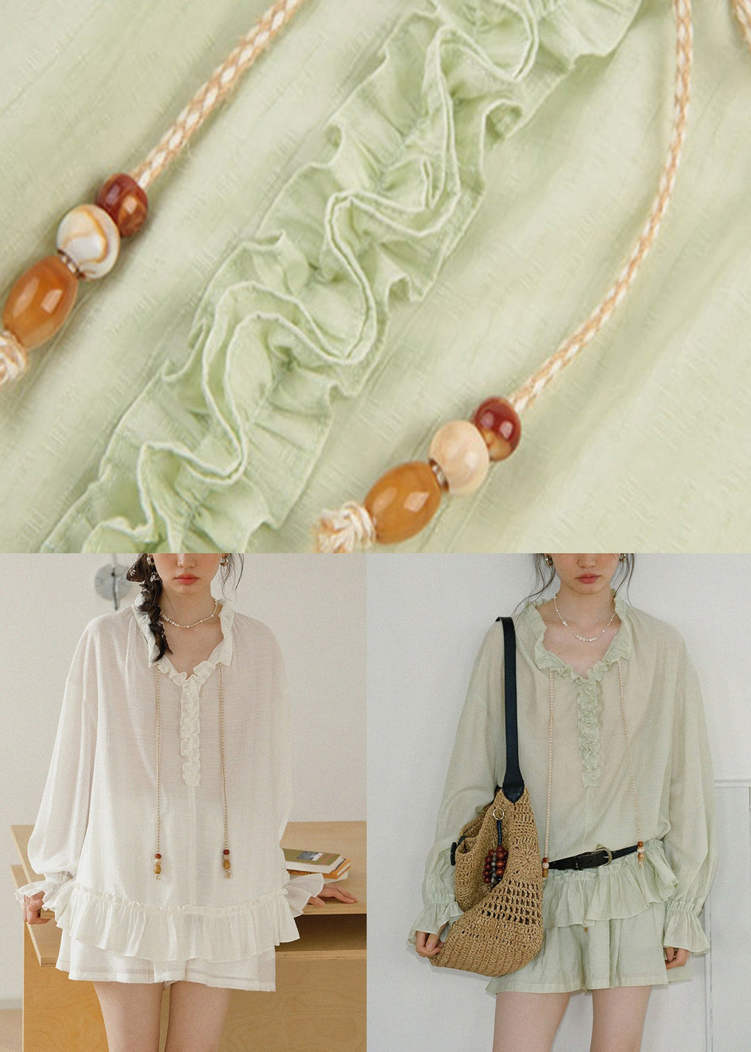 Green Lace Up Pockets Shirts And Shorts Cotton Two-Piece Set Ruffled Fall