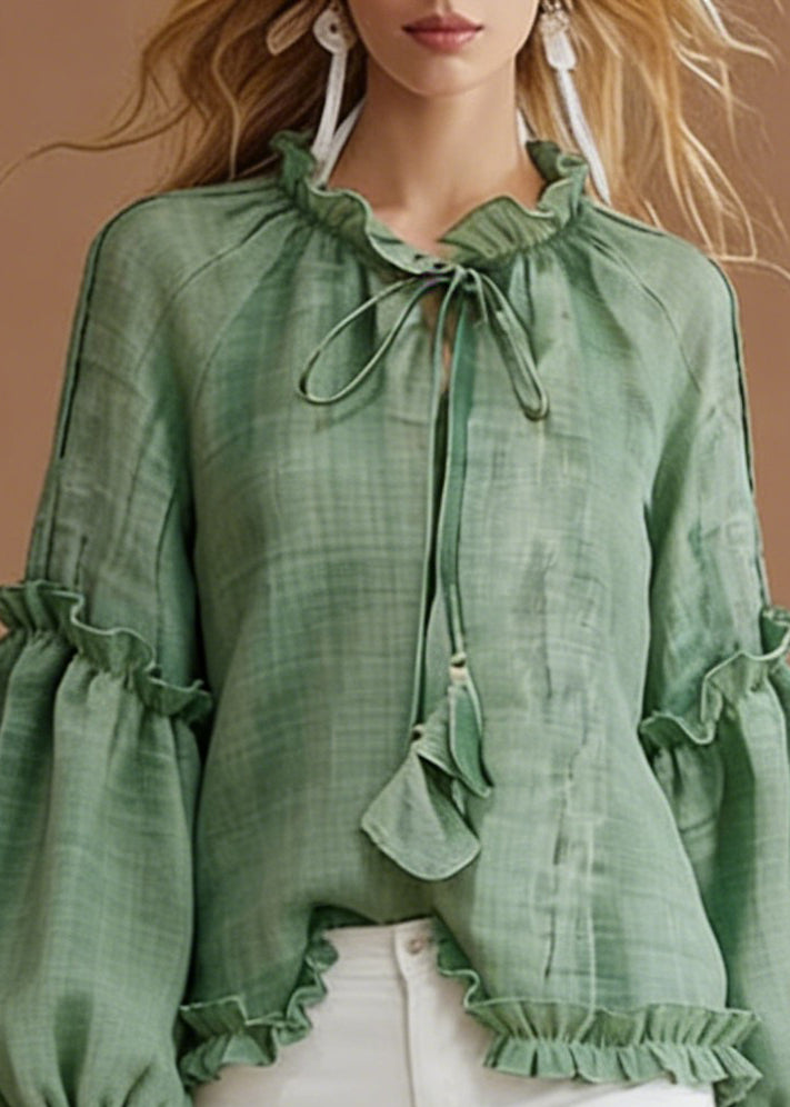 Green Lace Up Solid Cotton Blouse Top Ruffled Spring - Omychic