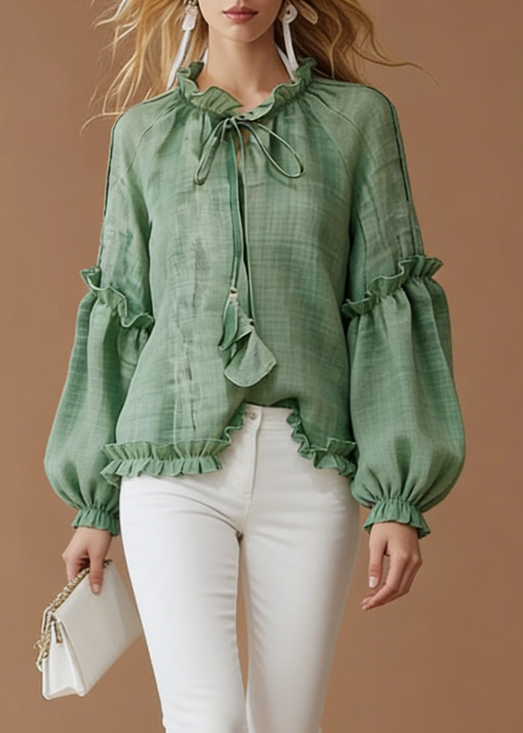 Green Lace Up Solid Cotton Blouse Top Ruffled Spring - Omychic