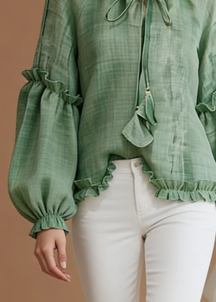 Green Lace Up Solid Cotton Blouse Top Ruffled Spring - Omychic