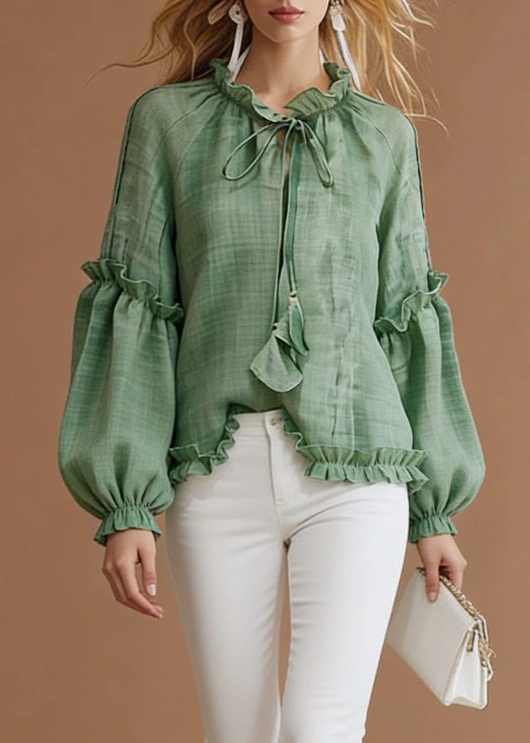 Green Lace Up Solid Cotton Blouse Top Ruffled Spring - Omychic