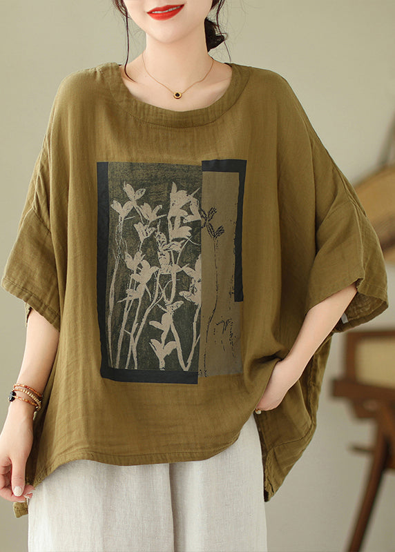 Green Low High Design Cotton t Shirts Top O Neck Batwing Sleeve