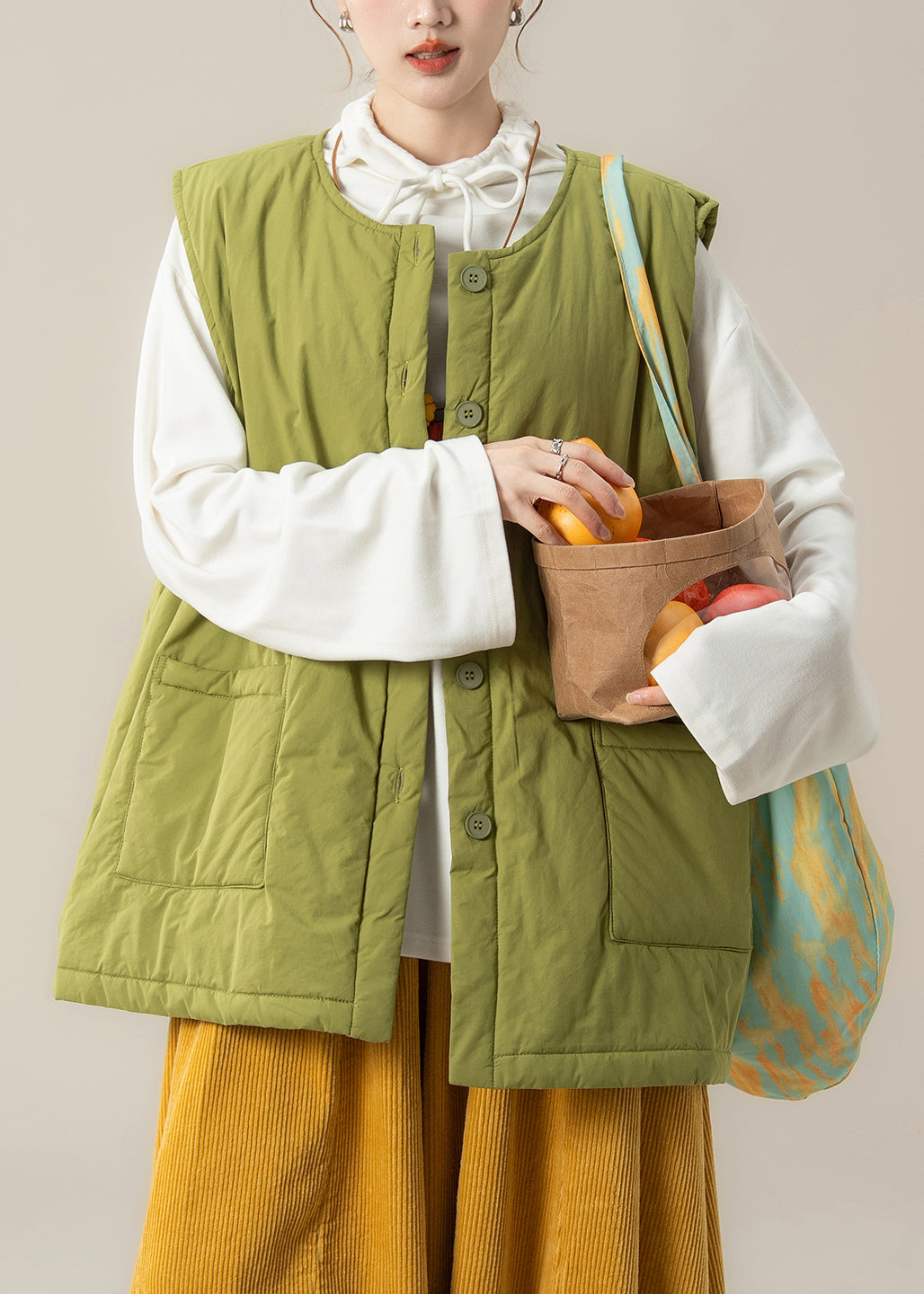 Green O-Neck Fine Cotton Filled Waistcoat And White Top Two Pieces Set Sleeveless