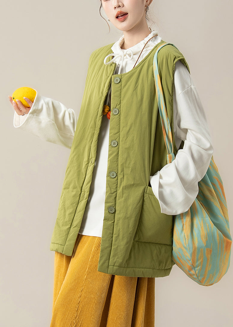 Green O-Neck Fine Cotton Filled Waistcoat And White Top Two Pieces Set Sleeveless