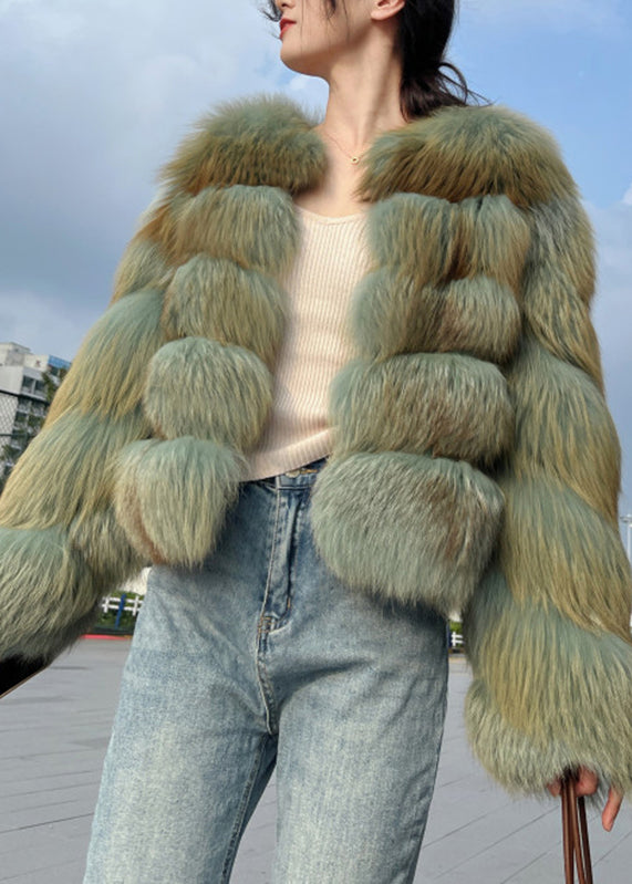 Green O-Neck Fox Collar Leather And Fur Coats