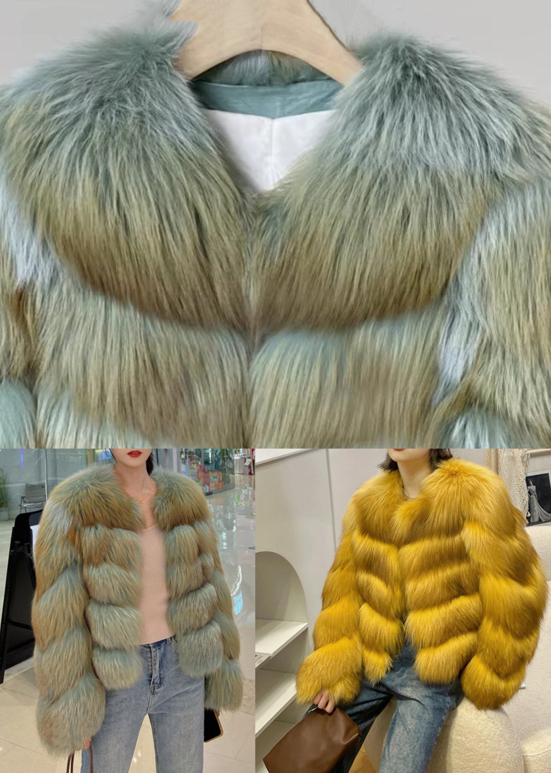 Green O-Neck Fox Collar Leather And Fur Coats