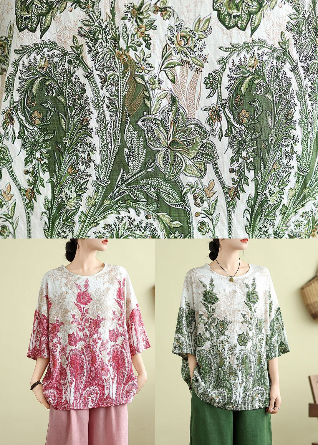 Green O-Neck Patchwork Loose Top Summer
