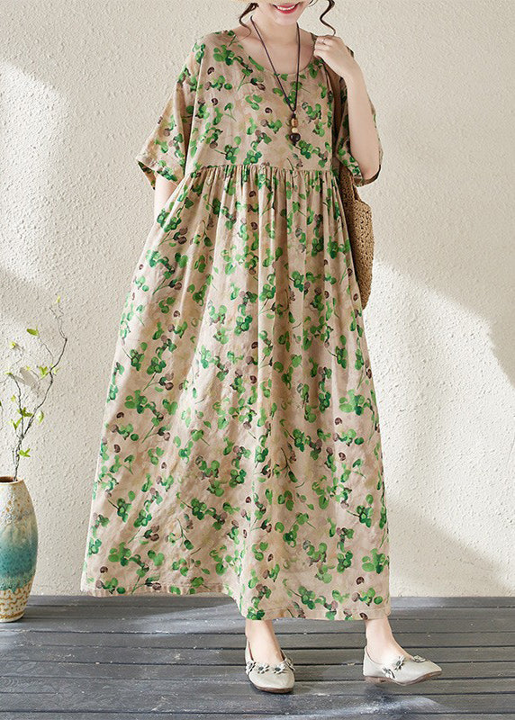 Green O-Neck Print Long Dresses Summer
