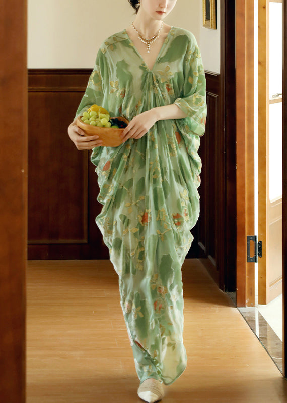 Green Original Design Silk Mid Dress V Neck Bracelet Sleeve