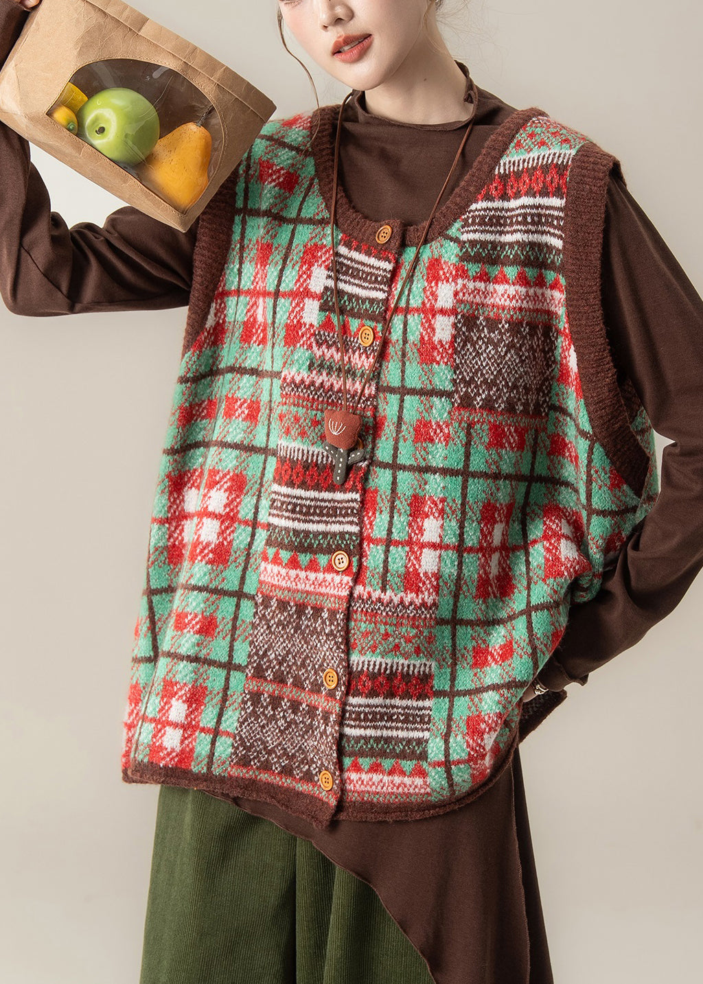 Green Patchwork Button Thick Cotton Knit Waistcoat Fall