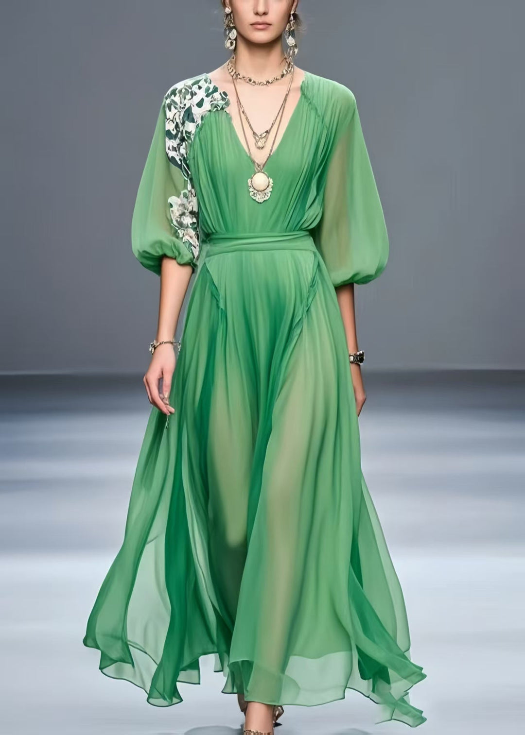 Green Patchwork Chiffon Robe Dresses Asymmetrical Summer