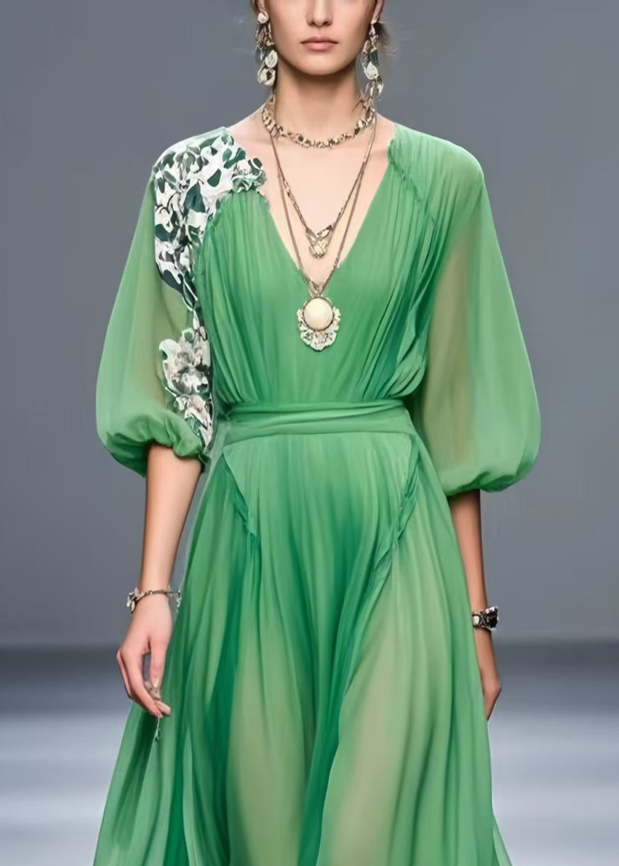 Green Patchwork Chiffon Robe Dresses Asymmetrical Summer