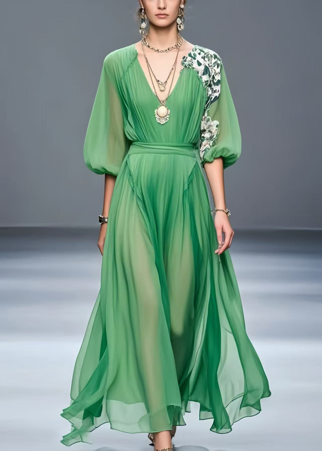 Green Patchwork Chiffon Robe Dresses Asymmetrical Summer